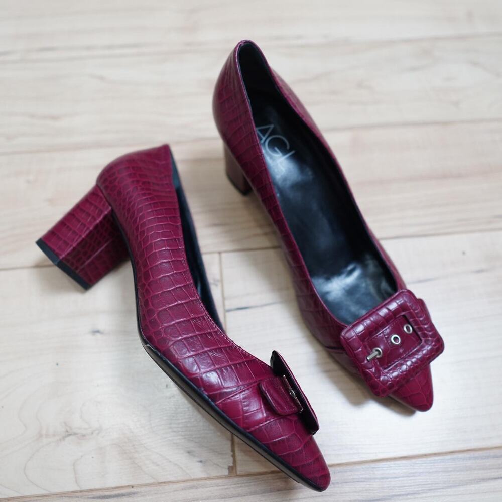 AGL Croc Embossed Block Heels Burgundy 41